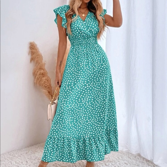 Dresses & Skirts - Dots ruffle trim shirred waist maxi dress mint blue